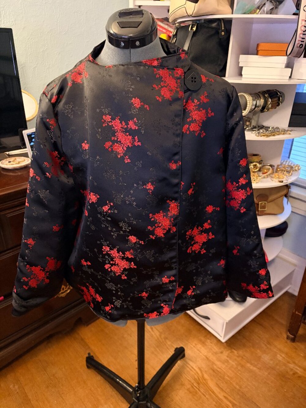 Chinese Brocade Floral Jacket Black Red Mandarin Collar Grannycore Evening Glam